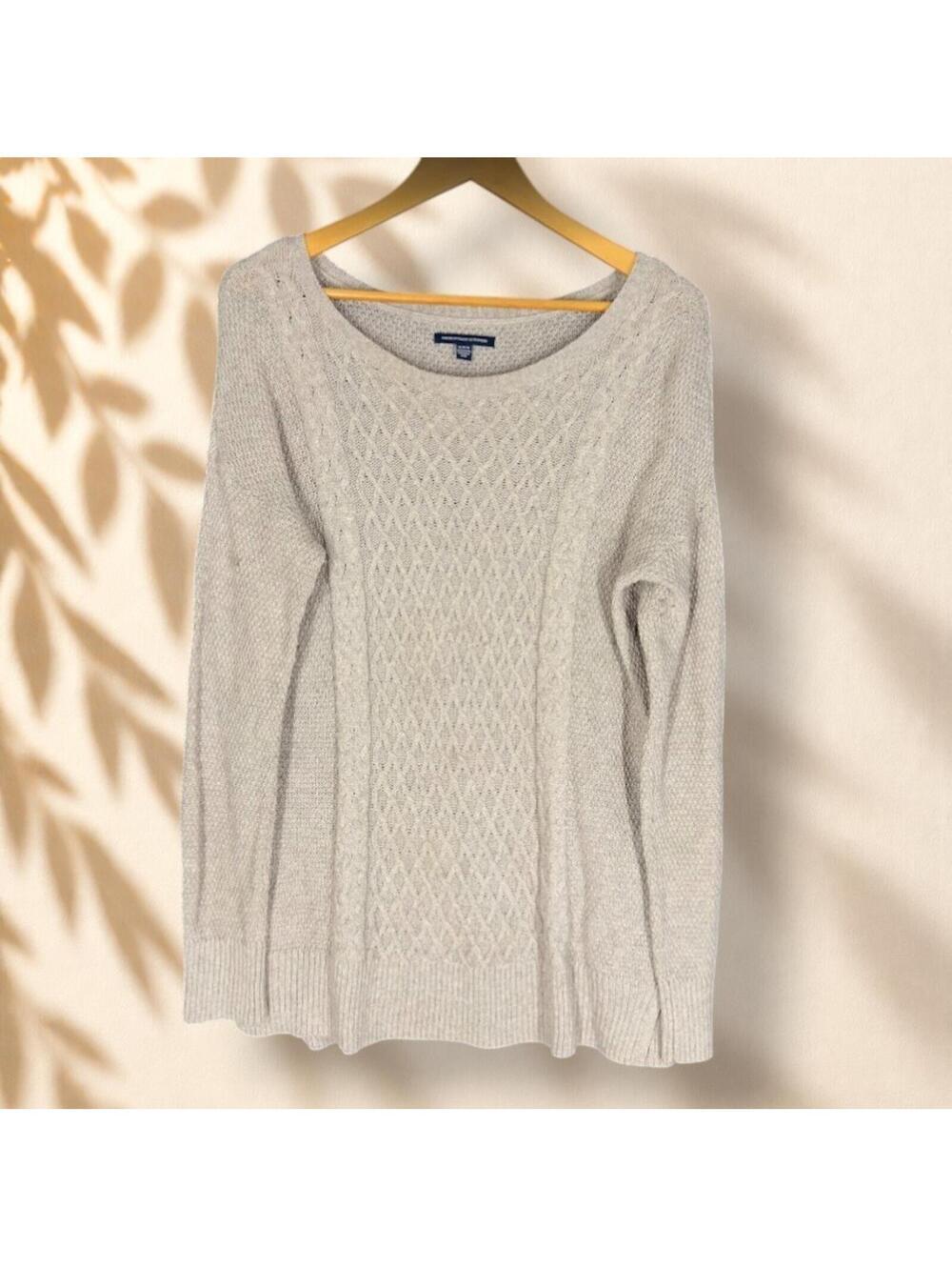 American Eagle Sweater Pullover Women M Medium Gray Cable Knit Cozy Long Sleeve